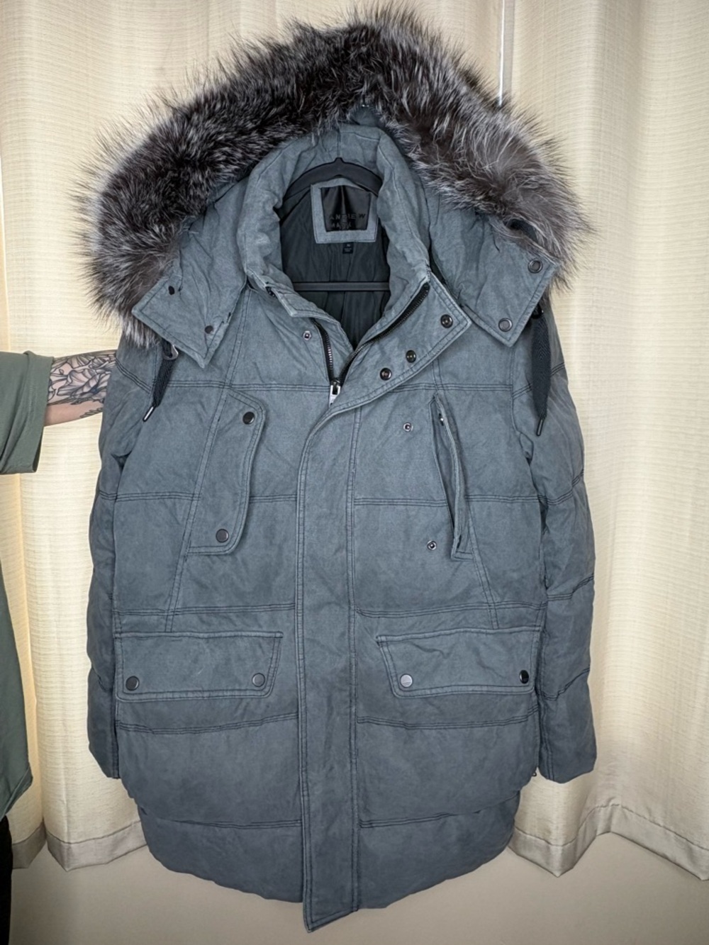 Andrew Marc Women’s Dark Gray Puffer Parka with Fox Fur Trim
